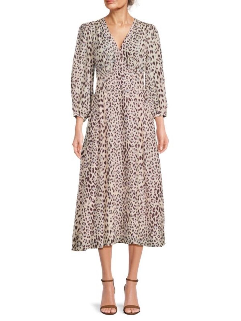 Equipment Sadie Leopard Animal Print Silk Blend 3/4 Sleeve Midi Dress Size M